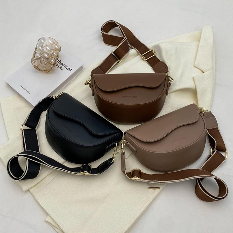 Women Vintage PU Leather Solid Color Flap Small Saddle Shoulder Underarm Bag Fashion Wide Strap Flap Design Crossbody Bag