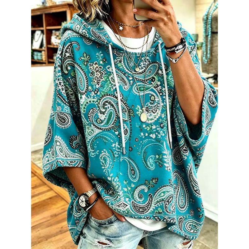 Women Three‑Quarter Sleeves Loose Hoodie Retro Floral Casual Vacation Top