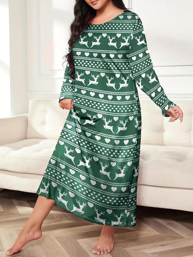 2025 European Plus Size Long Sleeve Butterfly Heart Leopard Print Nightgown