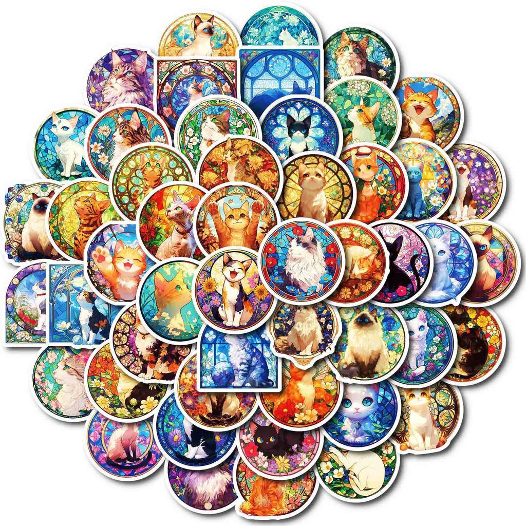 50 PP Material Waterproof Color Glass Cat Stickers DIY Mobile Phone Water Cup Laptop Decoration Stickers