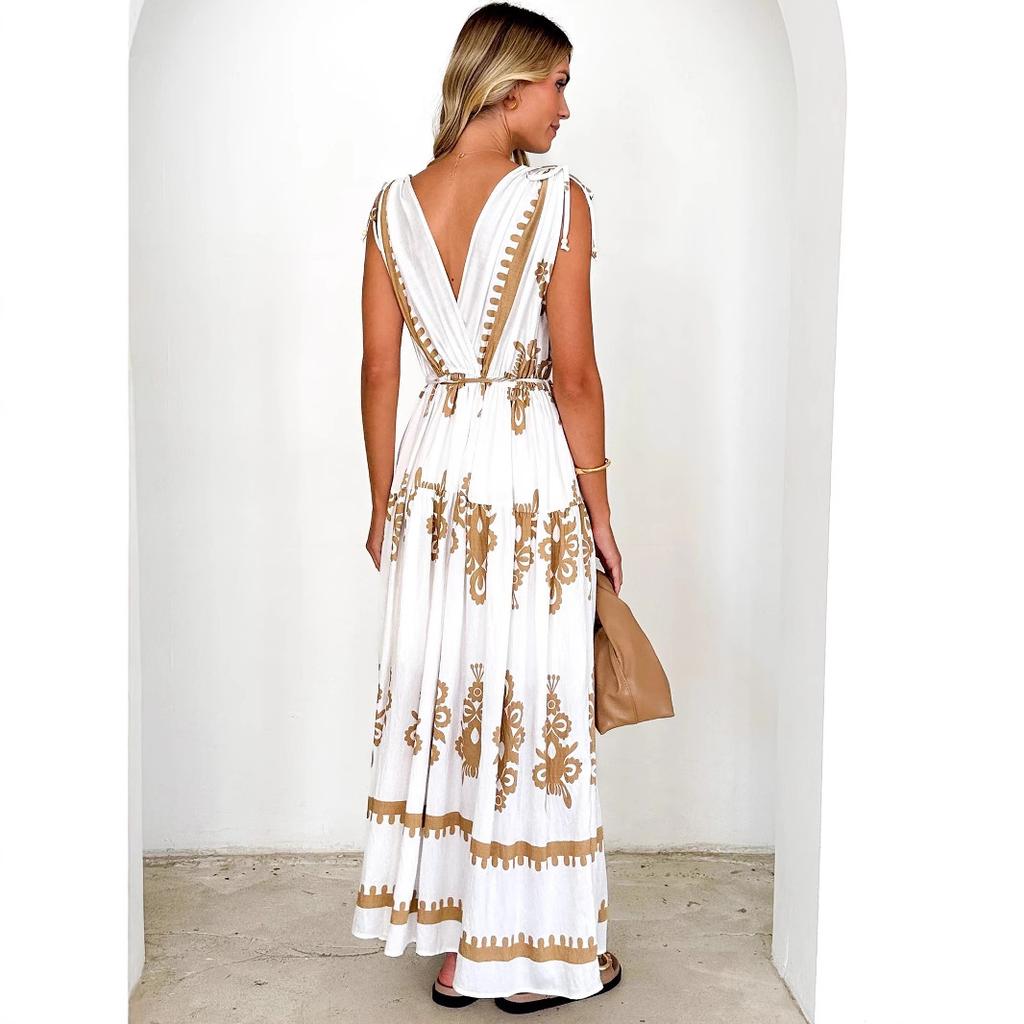 Women's Boho Floral Beach Dress Sleeveless Summer Deep V  Neck Maxi Dress Casual Smocked Flowy A-Line  Sundress Party Long Dresses for Women