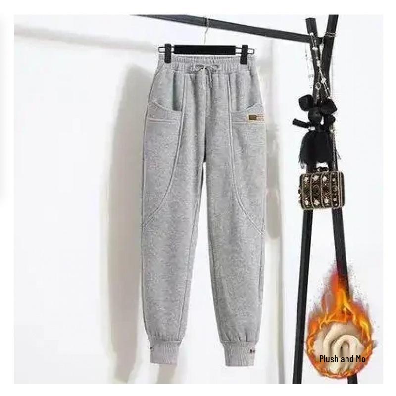 Women's Gray Fleece-Lined Sweatpants 2025: Loose, Versatile Autumn/Winter Joggers - Trendy Harem Style Casual Pants.
