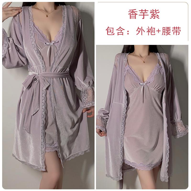 Women's Plus Size Velvet Padded Cami Sleep Dress with Robe Lounge Set