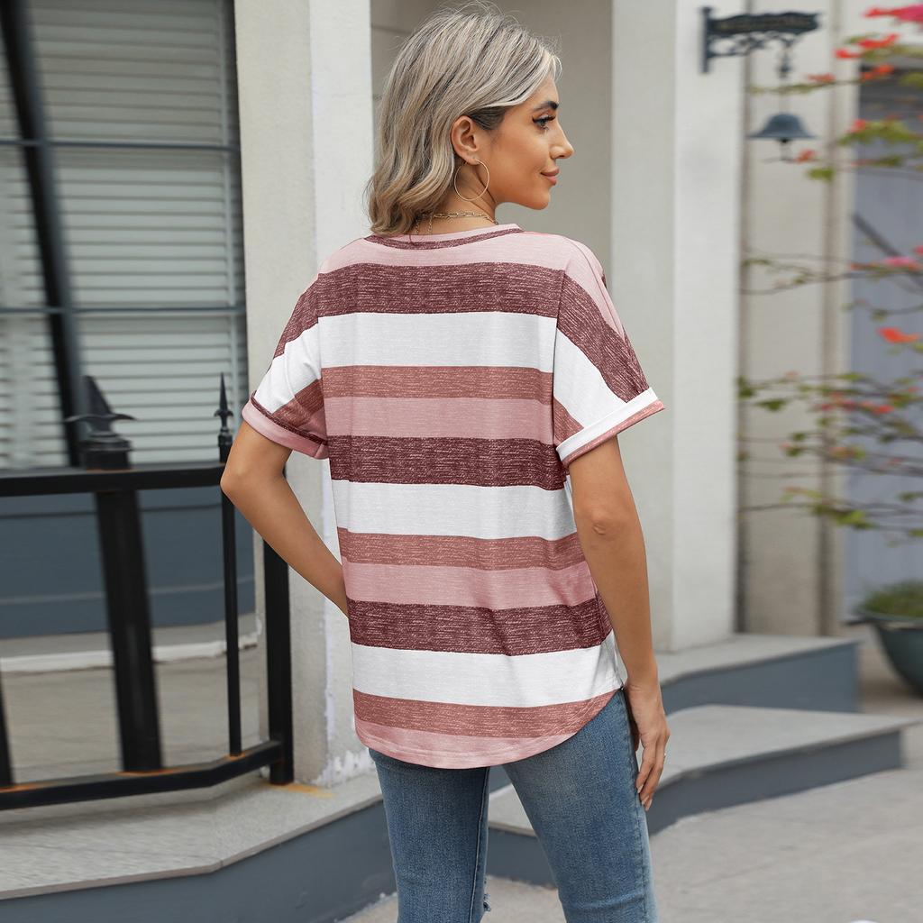 2025 Spring Summer Women's V Neck Batwing Sleeve Pocket T-Shirt, Printed Striped Casual Blouse Top
