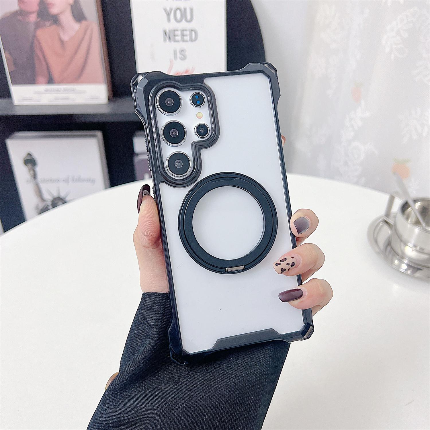 

For Samsung Galaxy S24 Ultra Magnetic Case Ring Kickstand TPU+PC Phone Cover Black