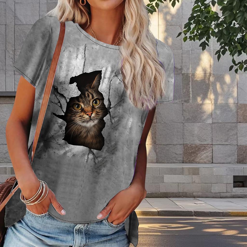 Damen Sommer T-Shirt Kätzchen-Druck Retro Mode Kurzarm T-Shirts Lässig Bedruckte Oberteile