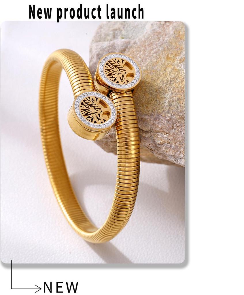 18k Gold Plated Life Tree Rhinestone Open-end Bracelet, European & American Design, Titanium Steel