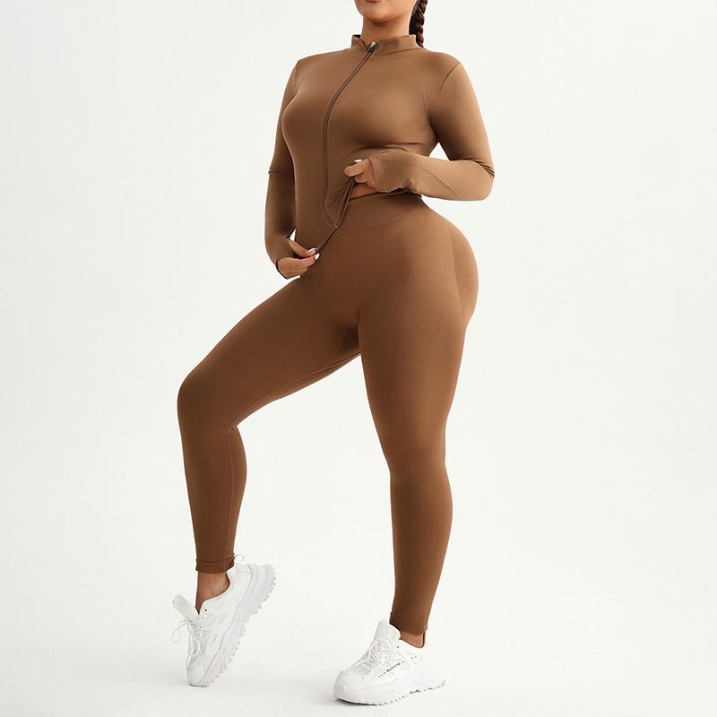 

Women s European & American Slim-Fit Yoga Set: Zipper Long Sleeve Top & Outdoor Fitness Pants XXL коричневий/кавовий