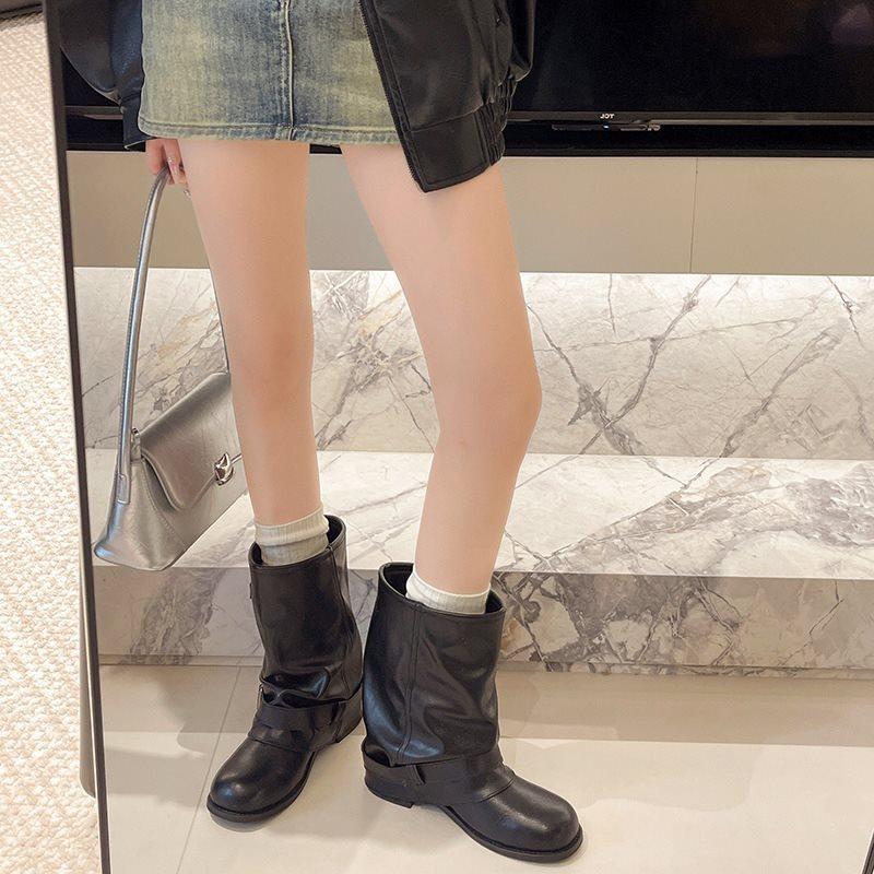 Coarse Heel Short Boots Women's Boots Retro Single Boots Western Folds Pile Super Hot New Boots Tube Versatile Pants 2025 Spring and Autumn