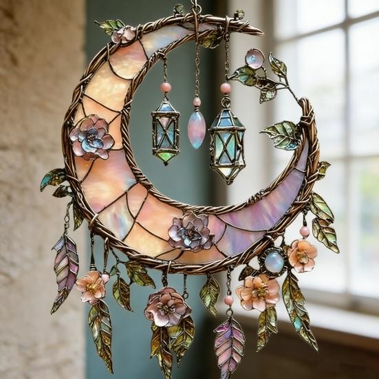 Crescent Moon Floral Acrylic Suncatcher Stained Glass Effect Window Hanging Ornament Boho Sun Catcher Panel for Bedroom Garden Home Decor