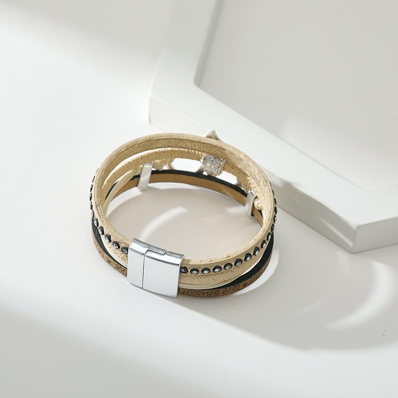 Vintage Multi-layer Leather Bracelet Womens Hollowed Out Heart-shaped Crystal Studded Magnetic Buckle Bangle Party Jewelry