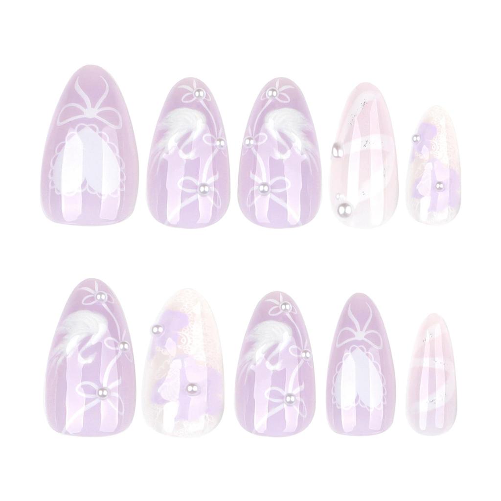 Elegant 3D White Swan Press-On Nails with Heart Bowknot Design - Short Almond Shape Fake Nail Tips