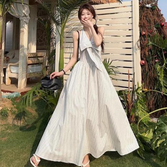 Gentle Wind Striped Bow Neck V-neck Dress Women's Summer Seaside Vacation A-shaped Dress French Temperament Long Dress