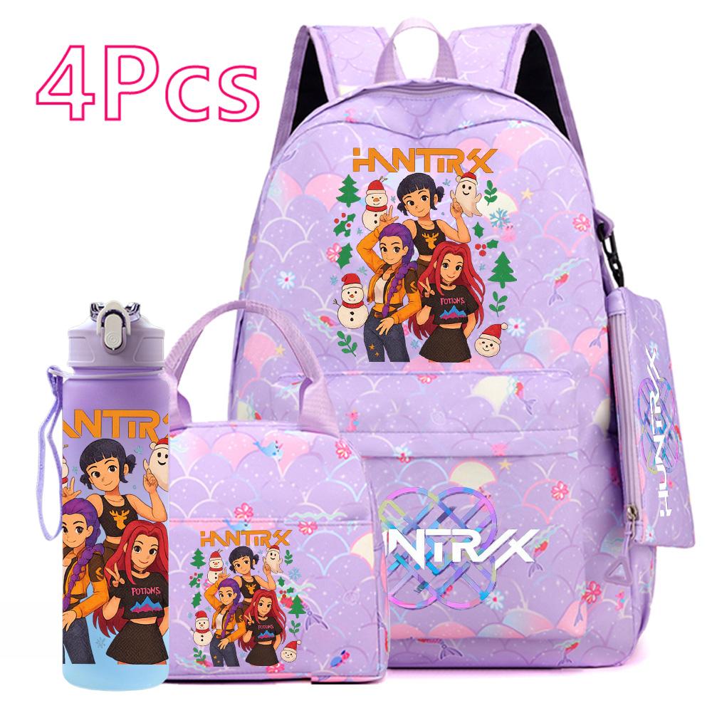 4Pcs/set Christmas KPOP Printed Backpack with Handbag Pencil Case 750Ml Water Bottler for Teenager Boy Girl Large Capacity Bookbag Schoolbag Kid Gift