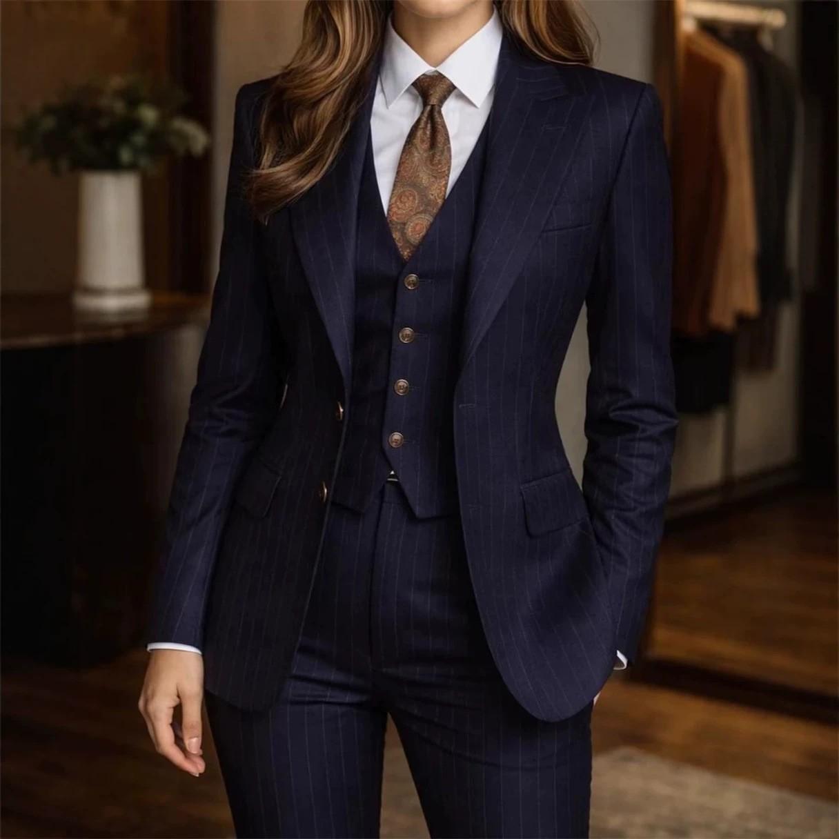 

Navy Blue Pinstripe Suit Women s 3 Piece Suits for Office Chic Fashion Striped Suit (Jacket+Vest+Pants) Tailor Made M янкі синього кольору