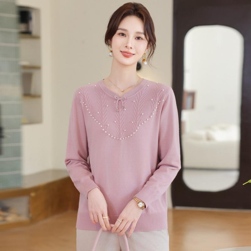 Spring and Autumn New Mom Fashion Knitted Sweater Medium and Old Women's Crew Neck Diamond Sweater Bottom Shirt