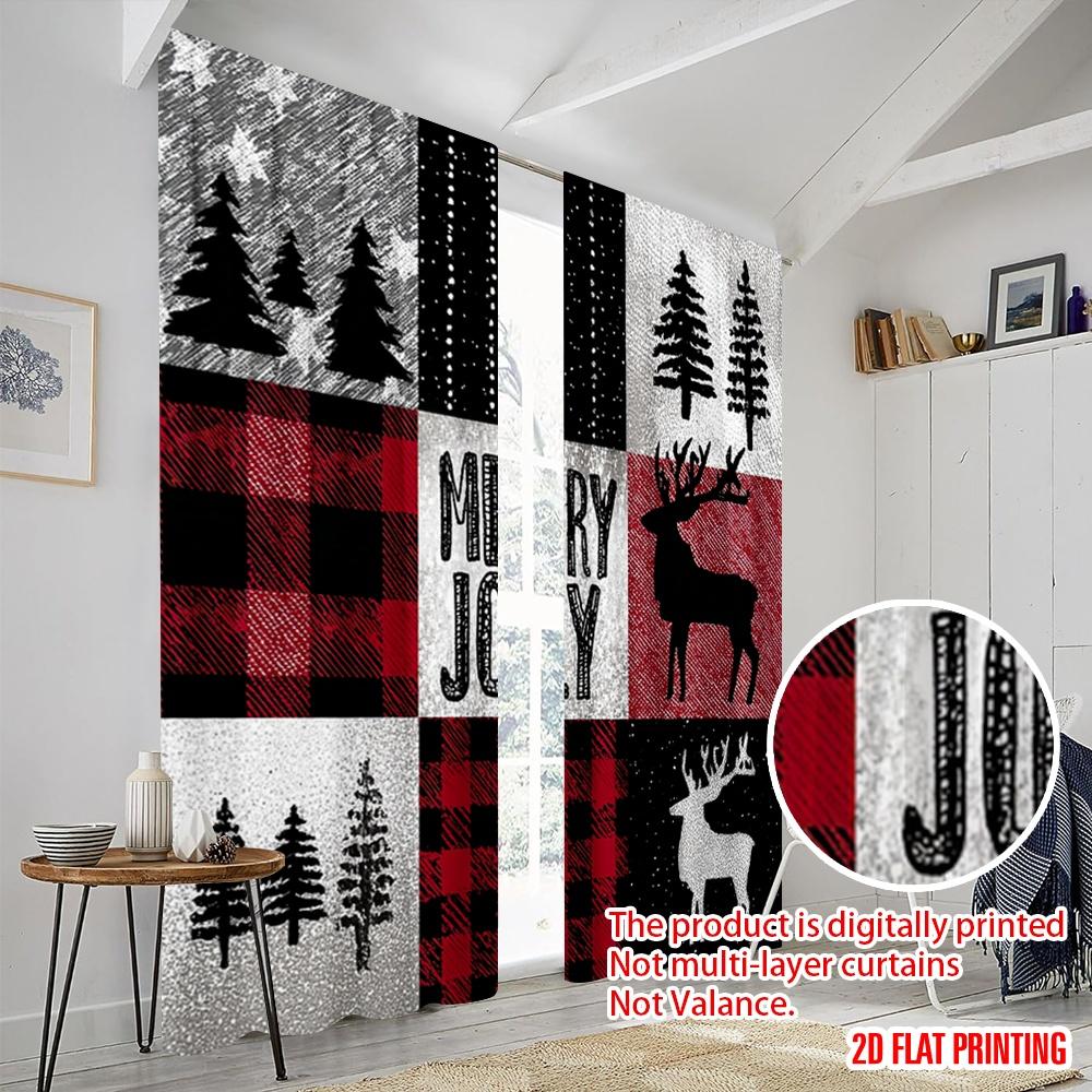 2pcs,2D plane printing Pattern Curtains Black and white checkered reindeer and Christmas tree Versatile 100% Polyester (without