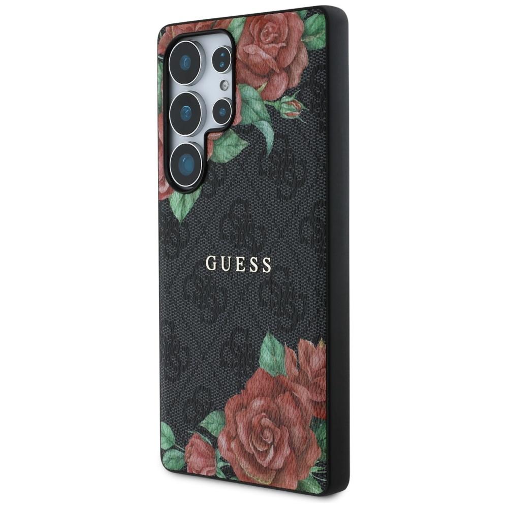 Θήκη Guess Δερμάτινη 4G με Μοτίβο Λουλούδια Μεταλλικό Κλασικό Λογότυπο Magsafe Samsung Galaxy S25 Ultra Μαύρο