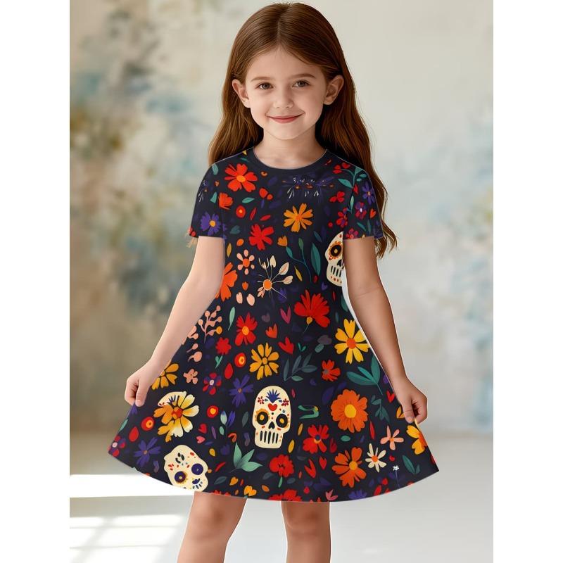 Gothic Cartoon Skull 3D Printed Girl Clothes Summer Princess Elegant Dresses Comfortable Short Sleeve Dress Fashion Kids Clothes