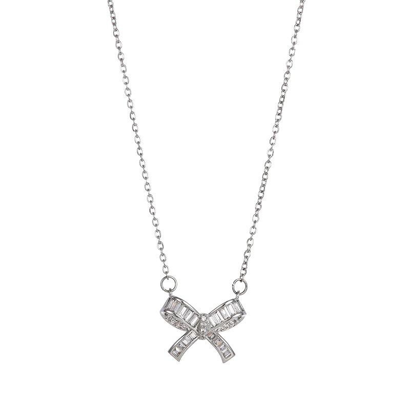 Women's Classic Luxury New Design Stainless Steel Silver Plated Bow Necklace and Earring Set Zircon Pendant Party Jewelry