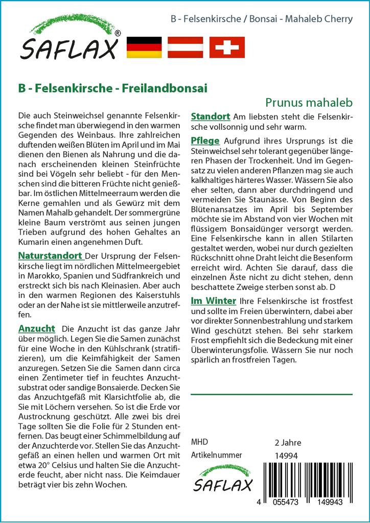 SAFLAX Garden In the Bag - Bonsai - Mahaleb Cherry - 30 Seeds - With Substrate In a Fitting Stand Up Bag - Prunus Mahaleb