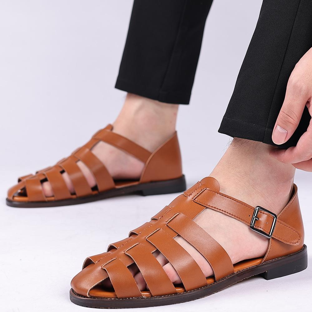 2025 Summer Stylish Sandals for Man Leather Roman Shoes Fashion Mens Business Dress Casual Comfortable Beach Footwear Flats