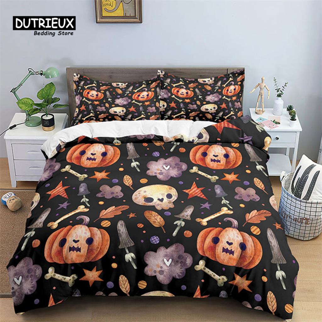 Skull Bedding Set Halloween Bats Duvet Cover King Size Microfiber Pumpkin Skeleton Print Comforter Cover With Pillowcases Decor