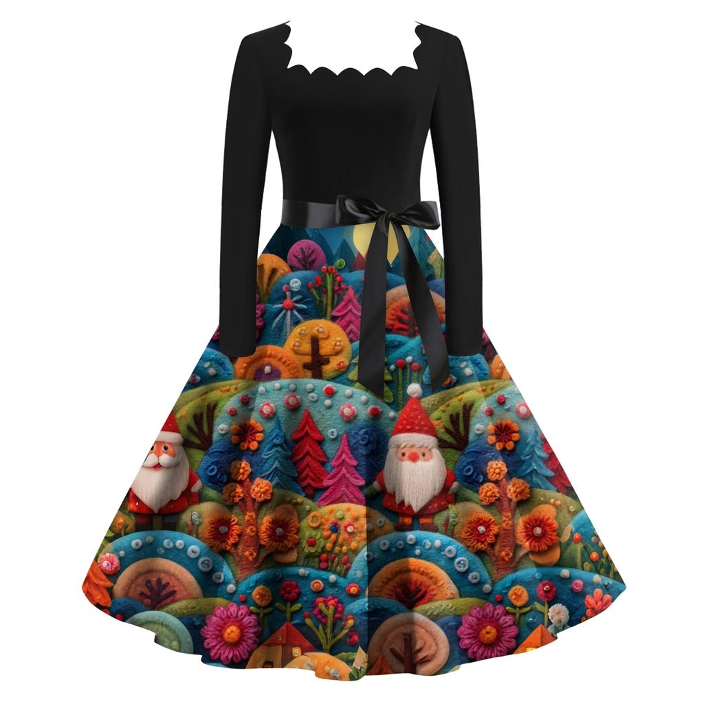 Women's Fashion Retro Long-sleeved Square Collar Christmas Printed Evening Dress