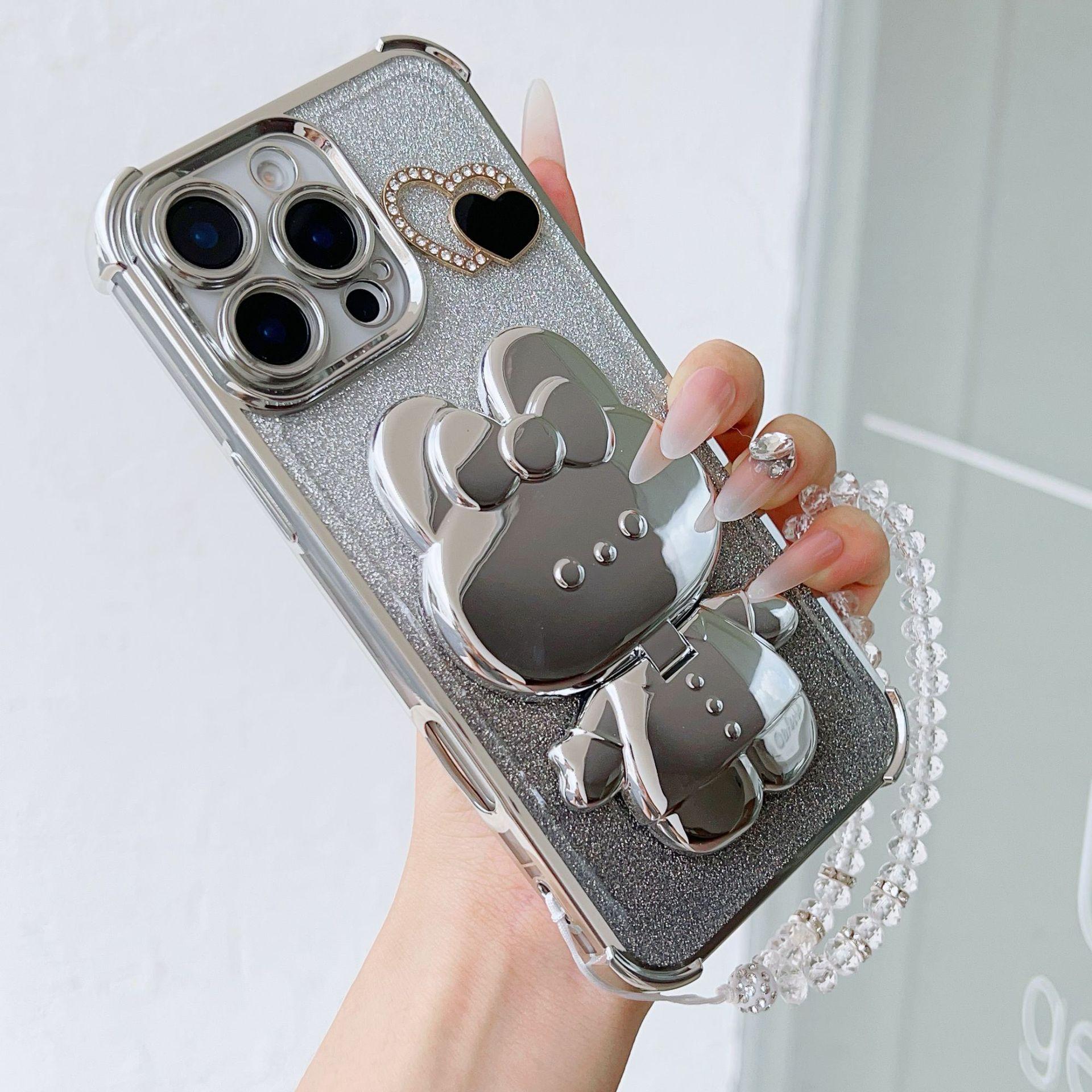 

Подходит для Apple 16proMax Чехол для телефона-зеркала Любовный кролик с блестками для iPhone 15 с цепочкой 14 Четырехугольная противоударная крышка iPhone12proMax