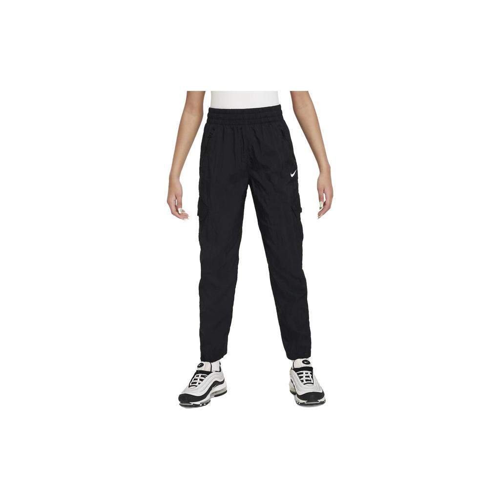 Nike High-Waisted Elastic Solid Color Cargo Casual Pants Kids Bottoms Black FD2951-010