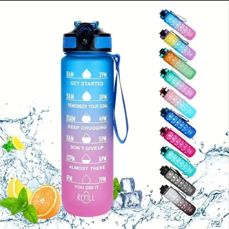 Leakproof Portable Gradient PC Sports Water Bottle with Time Marker,Lockable Lid,Silicone Straw,Fitness&Outdoor Motivational