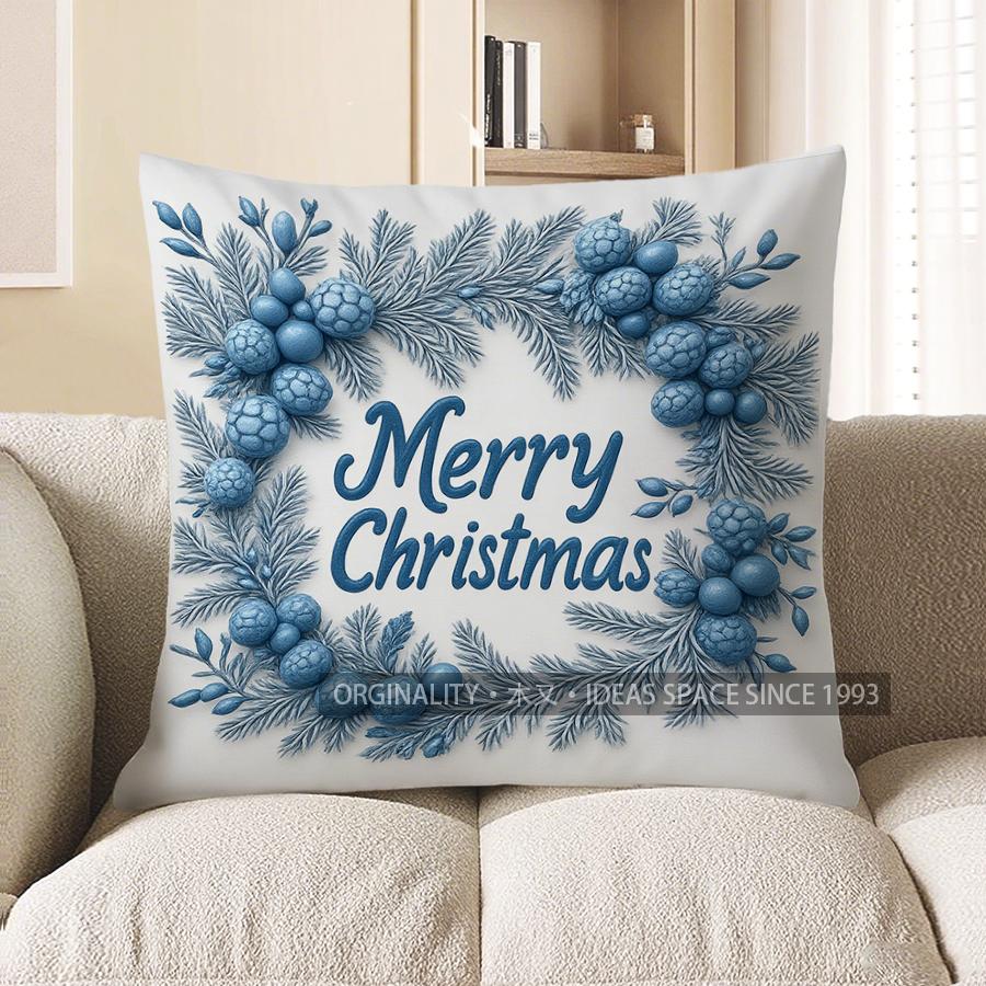 Home Decor Blue Pine Wreath Merry Christmas Pillow Pattern Cushion Cover Suitable For Sofa Bedroom Car Pillow Cover