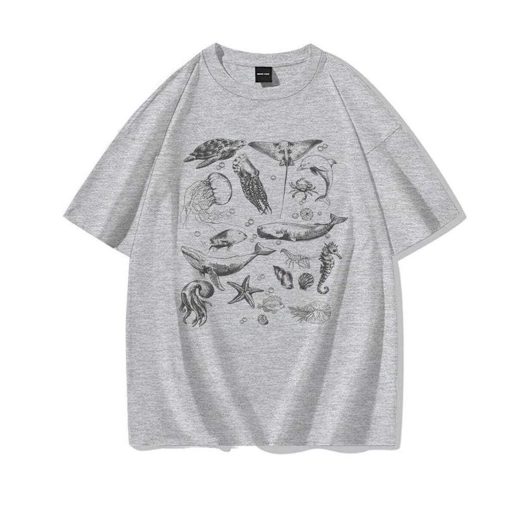 Loose Fit Unisexs Ocean Animals Tshirts Harajuku Trend Girls Short Sleeve Tee Summer Clothes Girl Casual Round Neck Cotton Tee
