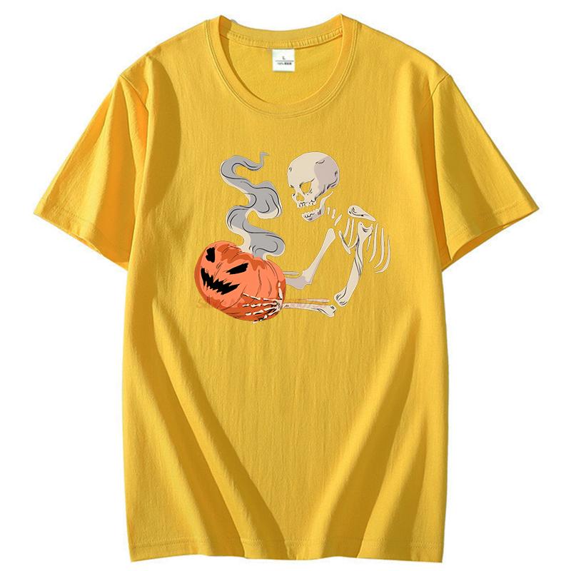 Skeleton With Pumpkin Head Funny Graphic T Shirts Halloween Breathable Printing Tees Tops Summer Cotton Casual Oneck T Shirt