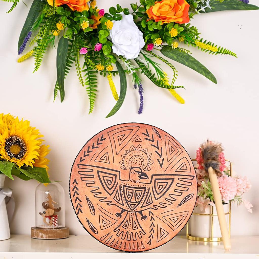 Shamanic Drum Bird Pattern Polyester Imitation Sheepskin Vintage Round Instrument Drum 25cm