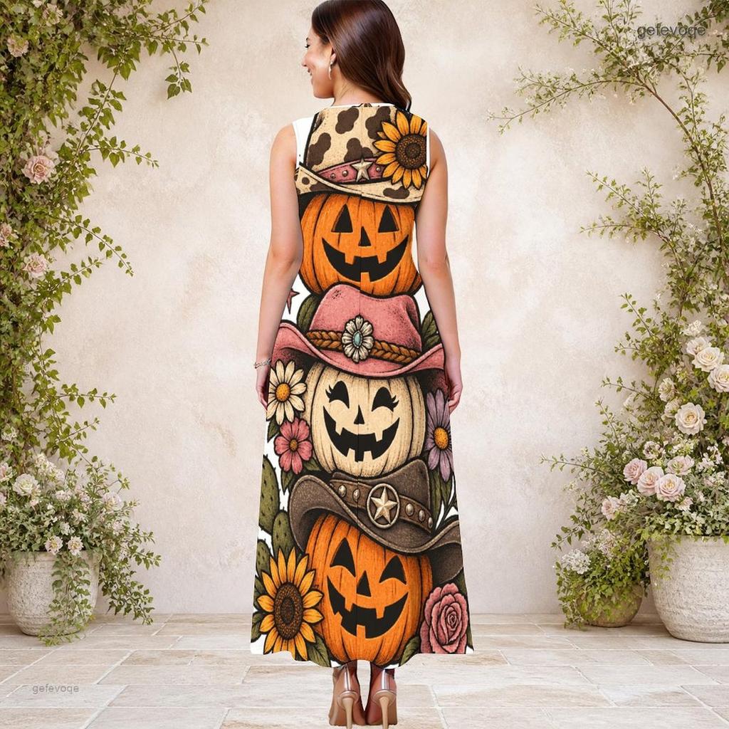 Women Plus Size Keyhole Neck Sleeveless Halloween Sloth Print A Line Long Dress