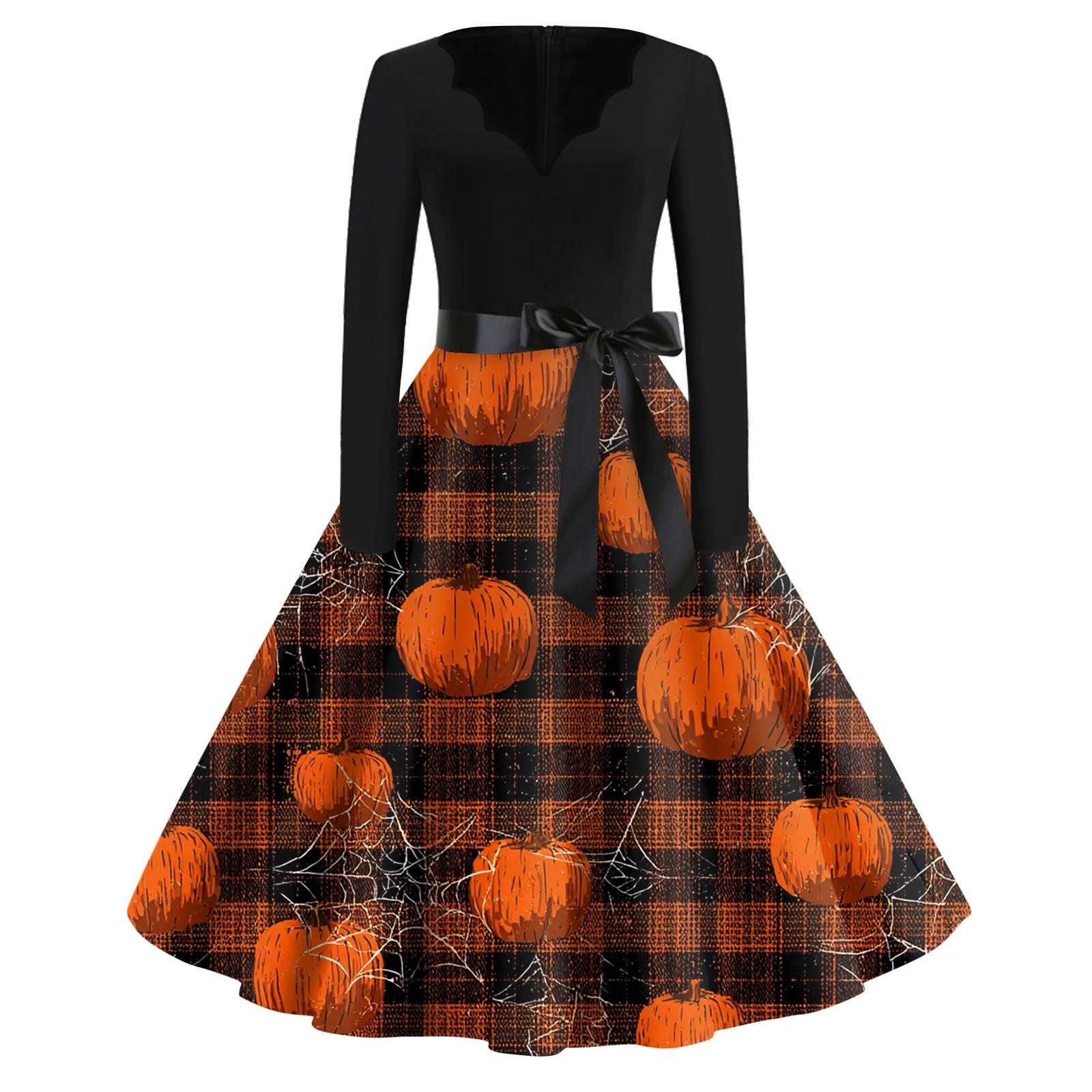 

Женская мода с v-образным вырезом, повседневные тонкие платья с длинными рукавами и принтом на Хэллоуин M оранжевый