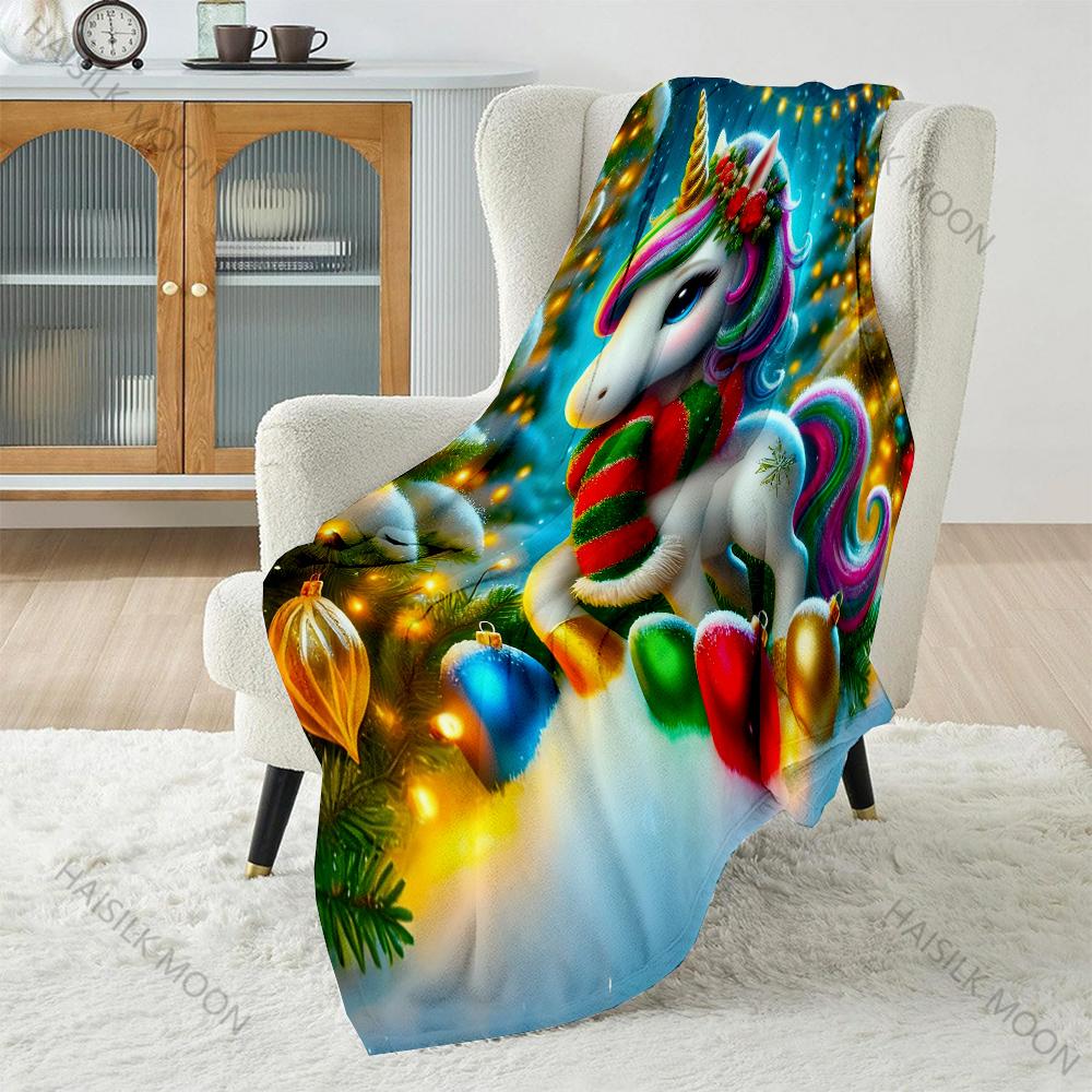 

Christmas Unicorn with Festive Decor Pattern Blanket Flannel Material Soft Warm for All Seasons,For Home Outdoor Camping Picnics 75x90cm