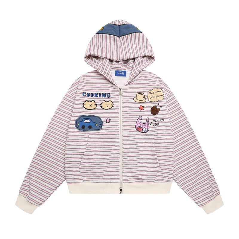 American Style Cartoon Embroidered Striped Hooded Zip Sweatshirt Loose Fit Couples Men Women Fall