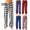 Women Pants High Elastic Waist Drawstring Wide Leg Loose Contrast Color Plaid Print Casual Soft Breathable Pockets Full Length Lady Long Trousers