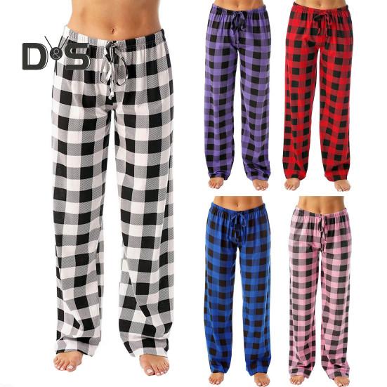 Women Pants High Elastic Waist Drawstring Wide Leg Loose Contrast Color Plaid Print Casual Soft Breathable Pockets Full Length Lady Long Trousers