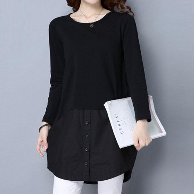 

Женская повседневная футболка миди с пуговицами, весенняя новинка, модная футболка с круглым вырезом, для работы, однотонная, с длинным рукавом, женская одежда 5XL чёрный