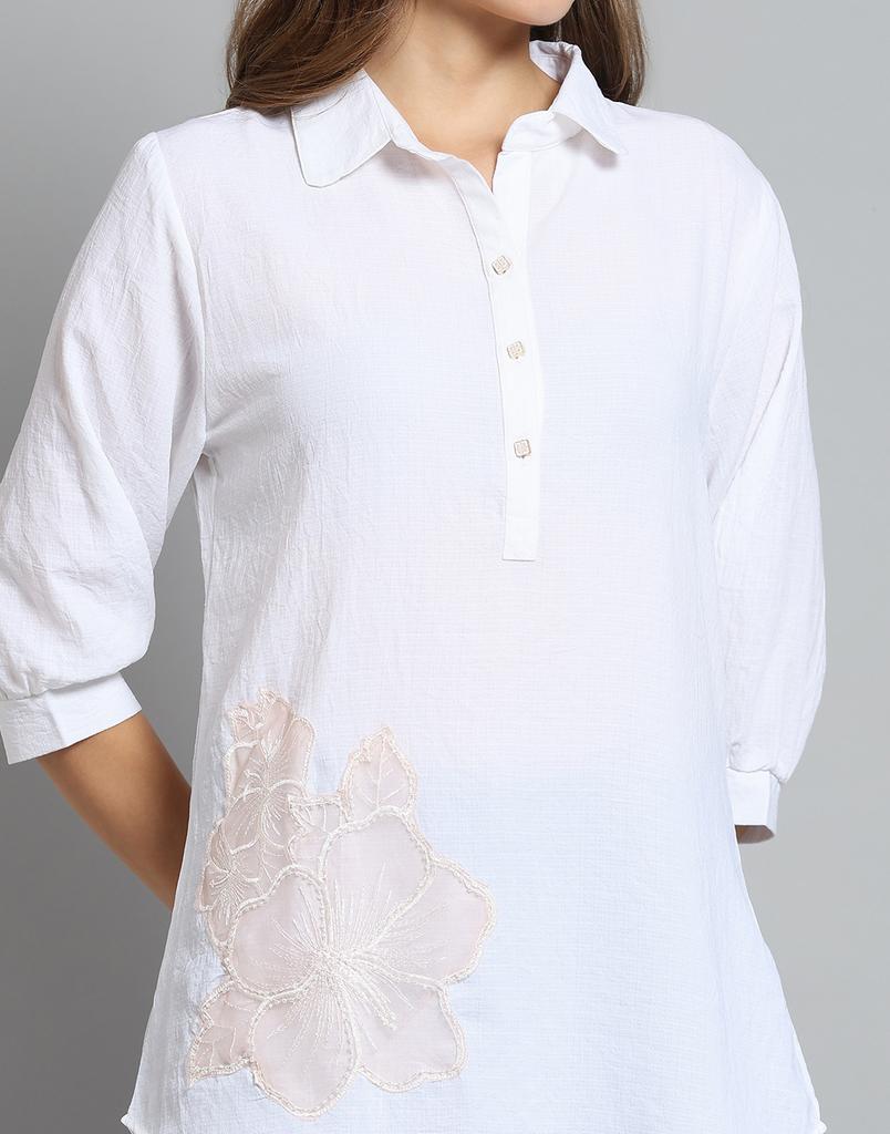 Monte Carlo Womens Self Design White Collar Neck 3/4 Sleeve Top