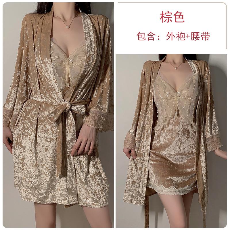Women's Plus Size Velvet Padded Cami Sleep Dress with Robe Lounge Set