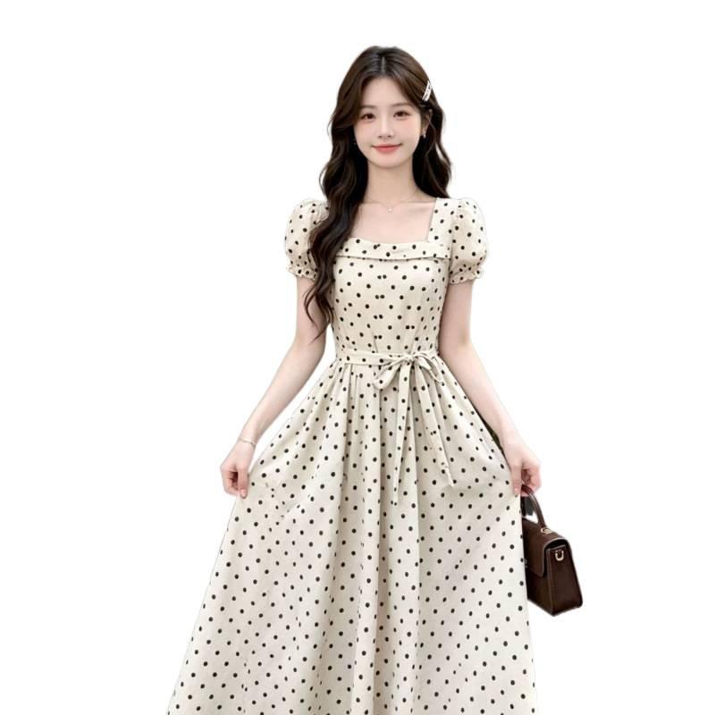 French Square Collar Polka Dot Dress Women's Summer New Summer Wear Temperament Waist Dress