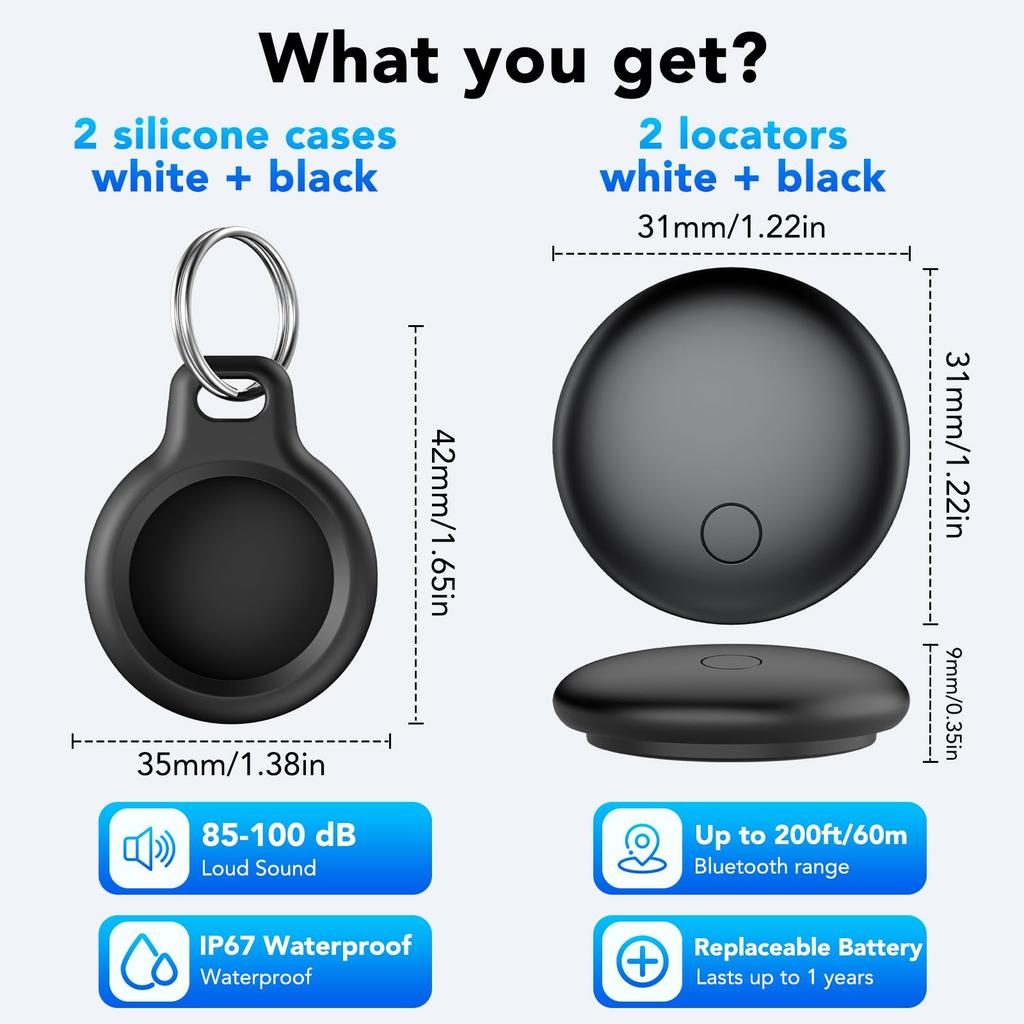 2-Pack Smart Tracker Tag for Apple Find My App, IP67 Waterproof, Replaceable Battery, for Keys, Luggage, Backpack + Holder