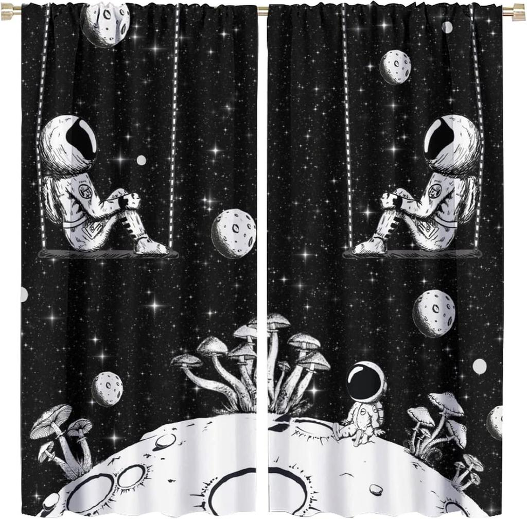 Conjunto de cortinas de porta com tema espacial 2 peças com design de galáxias, cortinas de painel de poliéster para vários tratamentos de janela de sala