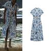 Spring New European and American Socialite Vacation Style V Neck Short Sleeve Mid-Length with Belt Print Dress 2901722