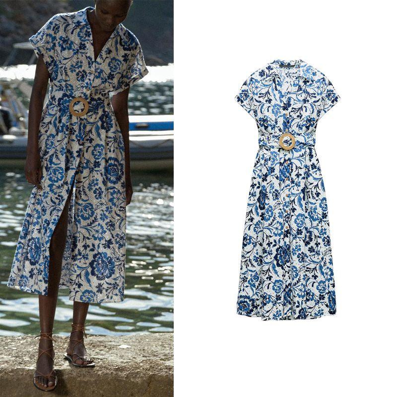 Spring New European and American Socialite Vacation Style V Neck Short Sleeve Mid-Length with Belt Print Dress 2901722