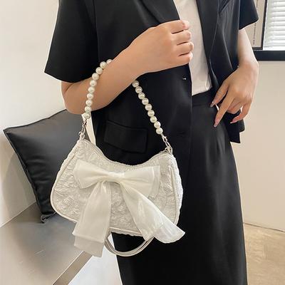 Pearl Female Bag Retro Luxury Designer Handbag Bow Crossbody Bags Fashion Canvas Women's Trend Shoulder Bag Purses